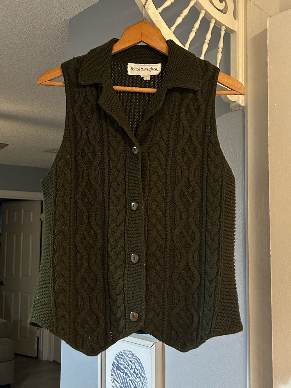 Norton McNaughton Womens Librarian Chic Dark Green Cable Knit Button Vest Size M